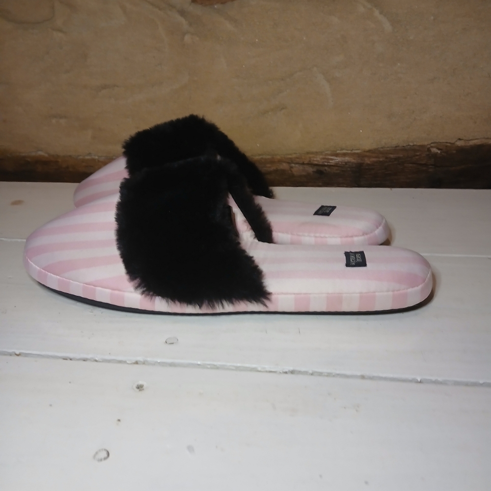 Victoria's Secret Pink & White Striped Satin Fur Trimmed Slippers Size Medium - Picture 3 of 6
